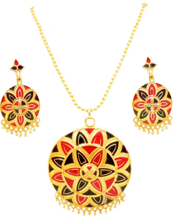 Assamese_Traditional_Gold_Plated_Red_Black_Colour_Japi_Design_Chain_Jewellery_Set_For_Women